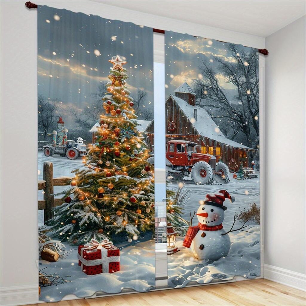 Christmas Ball Stars Decorated Curtain Red Holiday Ribbon Curtain a Set of Two, Home Living Room Bedroom Kitchen Shade Curtain