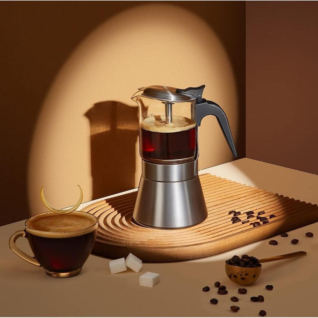 Кофеварка для эспрессо на индукционной плите Moka с клапаном давления, столешницей из хрустального стекла и кастрюлей Esprosso Moka из нержавеющей стали, классическая итальянская кофеварка