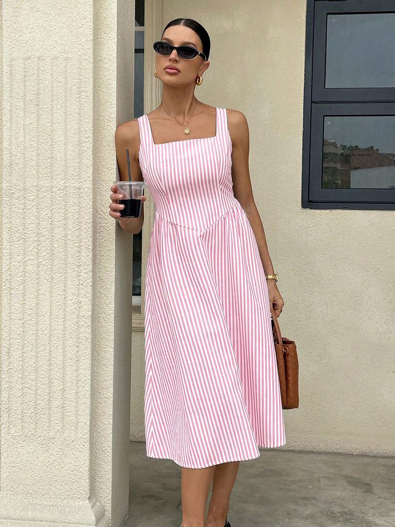 Women Casual Fashion Square Neck Sleeveless Color Block Striped High Waist Long Dress
