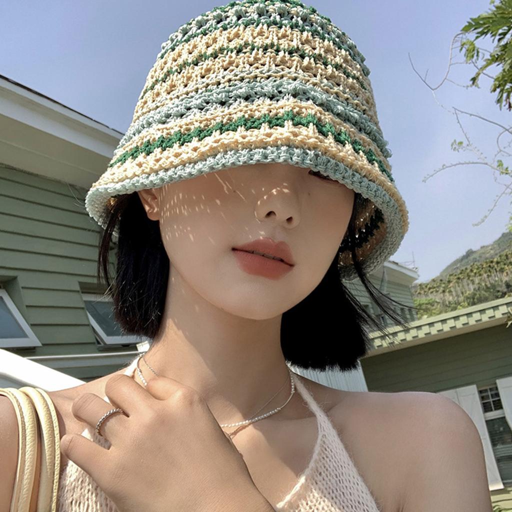 Summer Sunproof Crochet Bucket Hat Ladies Spring Commute Camping Fisherman Cap with Stripe Pattern for Girlfriend