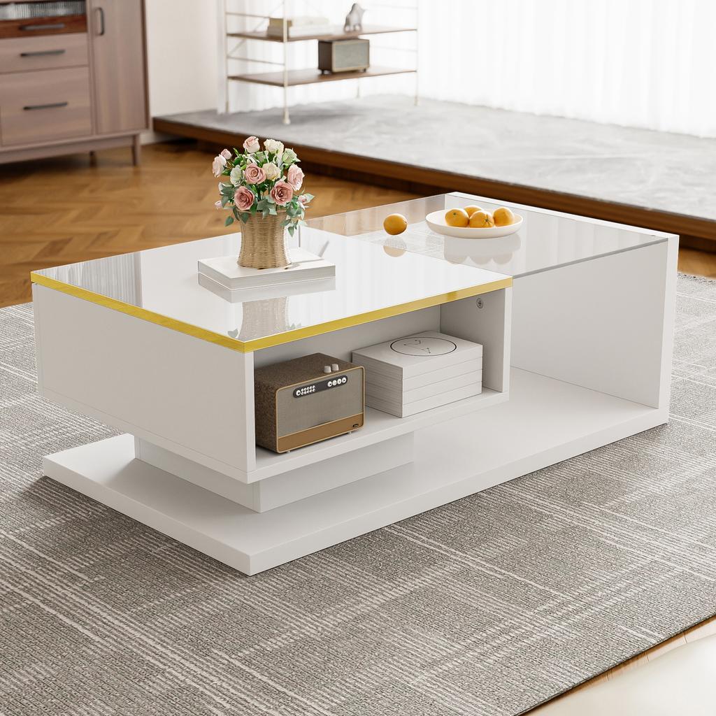 90 cm Long Coffee Table, High-Gloss White. Side Tables, Coffee Tables with Glass and LED Effect