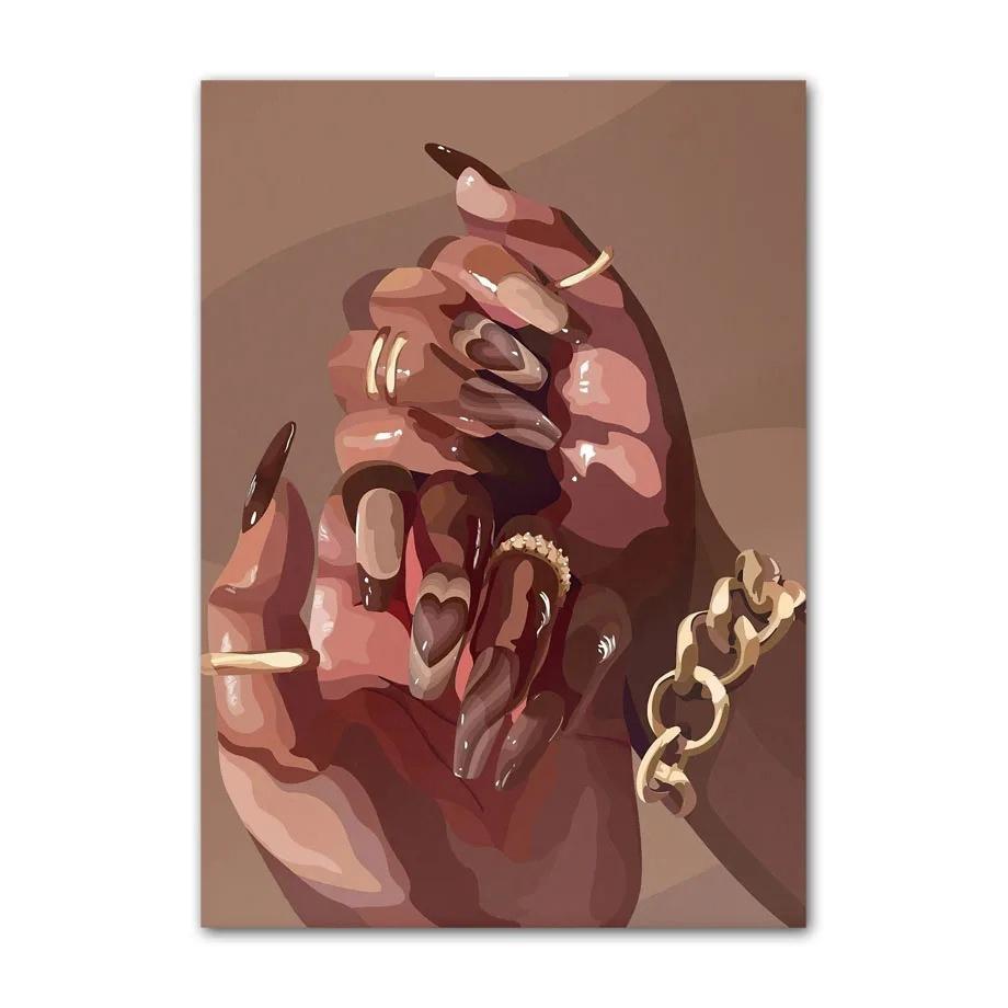 Черное искусство Мода Хип-хоп Девушка Маникюр Ювелирные изделия Губы Постер Африканская Черная Женщина Красивые Ногти Живопись Картинки Гостиная Салон Красоты Декор