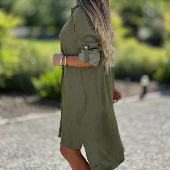 Denim Shirt Dress Shirt Collar Long Sleeves Women A-Line Style Dress Solid Color Single Breasted Knee-Length Dress