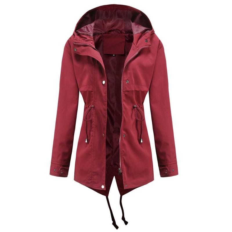 Womens Lightweight Hooded Trench Coat Mid-Length Rain Jacket With Waist Drawstring - Casual Chic Outerwear