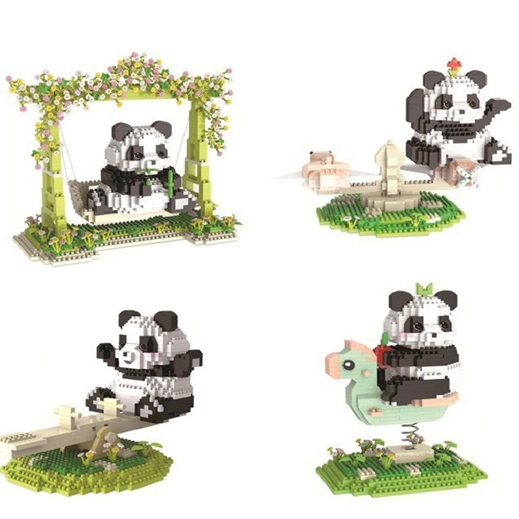 DIY Kawaii Panda Model Building Blocks Assemble 3D Panda Playing on Swings Seesaws Wooden Horses Brick Toys with high quality
