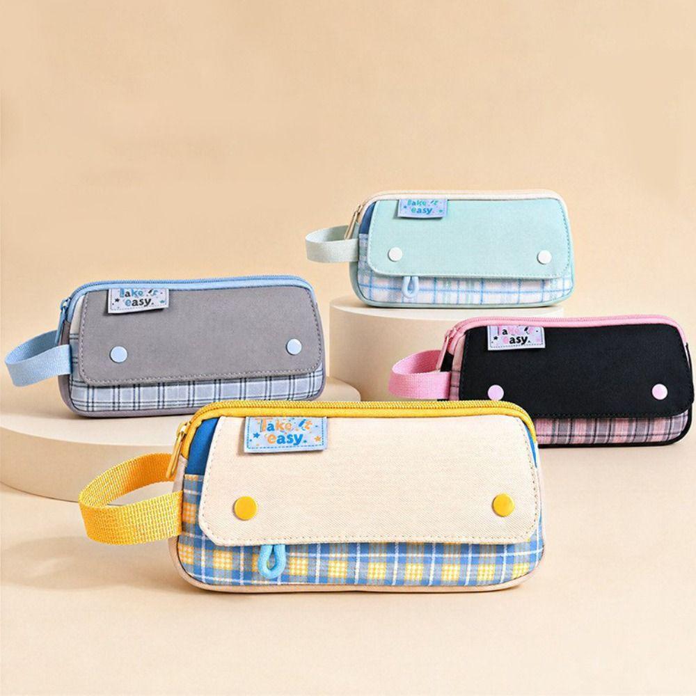 Simple Plaid Style Pencil Case Large Capacity Stationery Organizer Handheld Pen Bag Gifts