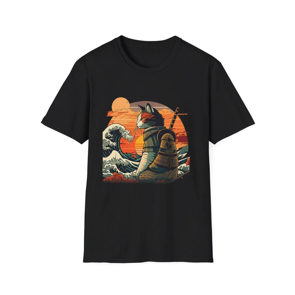 Samurai Cat T-Shirt Japanese Wave Retro Sunset Anime Tee Cool Aesthetic Streetwear Shirt Best Seller Shirt Top Selling T Shirt