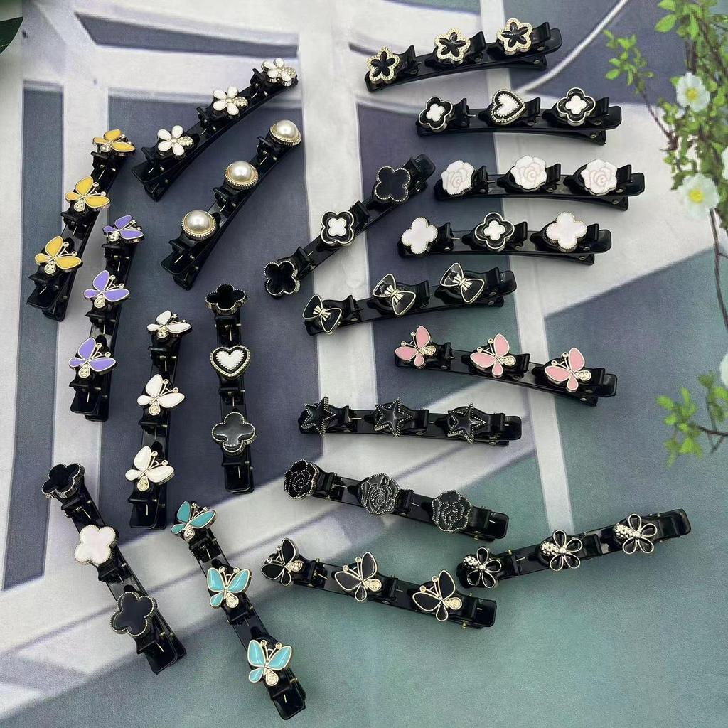 «Двухслойная боковая челка, заколка для волос и плетеный головной убор»