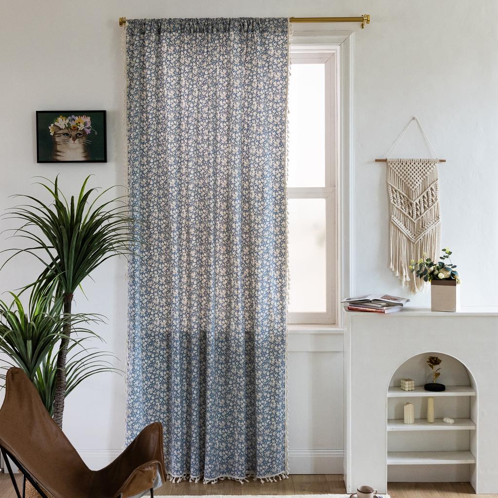 Finished Curtains Cotton And Linen Fabric Printing Floral Fresh Small Window Semi-Blackout Balcony Bay Window Curtain