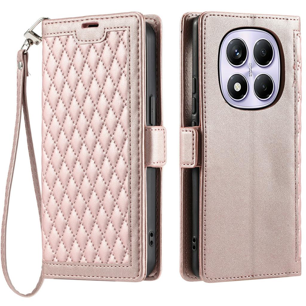 Leather Case For Xiaomi Redmi Note 14 Pro 5G/4G/Poco X7 5G Rhombus Texture Wallet Stand Phone Cover with Wrist Strap