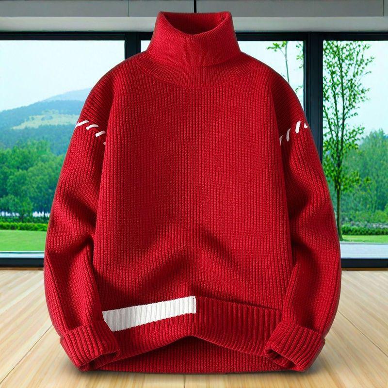 Мужской свитер крупной вязки с высоким воротником - Модный повседневный топ с длинным рукавом однотонной расцветки