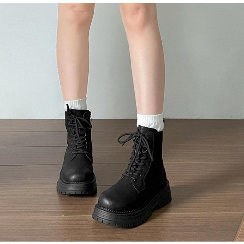 Мода Мода Женские Удобные Ботинки на Толстой Подошве Универсальные Ботильоны на Платформе для Осени Зимы Женская Обувь Ретро Ботинки на Шнуровке
