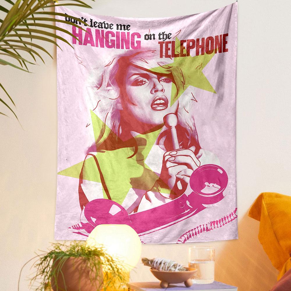 Pop art style with vivid colors, star overlays, telephone, and bold text. Patterned tapestry for bedroom and living room home decor