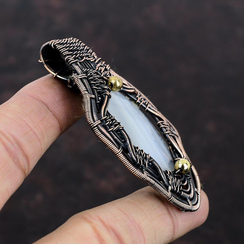 Кулон с агатом Ботсваны, медная проволока, кулон, драгоценный камень, медные украшения, изысканный кулон ручной работы, ювелирное изделие, завернутое в проволоку, подарок на юбилей