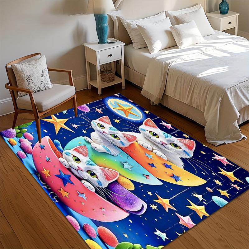 Cute Area Rug Carpet Soft Non Slip Rainbow Shooting Star Cat Floor Mat for Bedroom Living Room Kids Room Home Decor