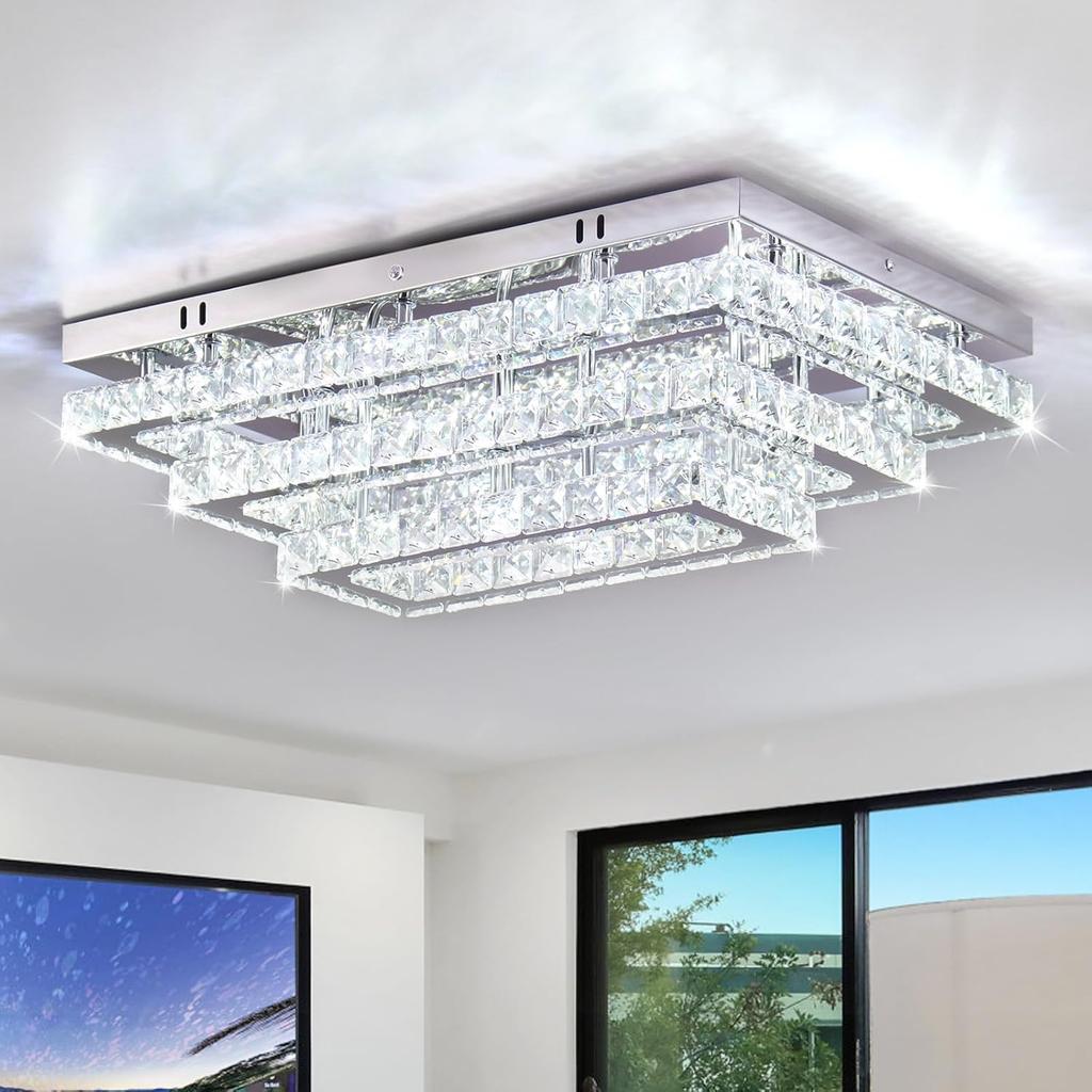 Modern Crystal LED Ceiling Light 50 cm Flush Mount Chandelier 3-Tier Stainless Steel Ceiling Lights 6500K Cool White