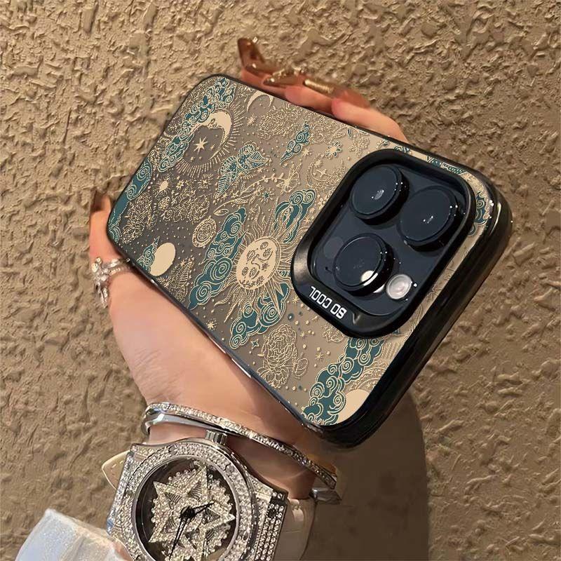 Ретро Стиль Солнце Луна Звезды Арт Чехол для Телефона для Серии iPhone 17 16 15 14 13 12 11 Pro Max Plus Двухслойная Защита