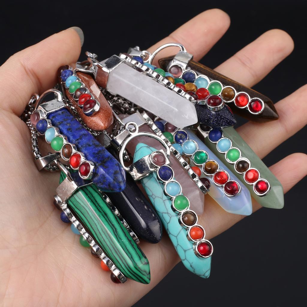 1 шт., Подвеска-кристалл для духовного исцеления, Геометрическая двусторонняя шестиугольная пирамида, Инкрустированная драгоценными камнями семи чакр, Шармы, Ожерелья для женщин и мужчин