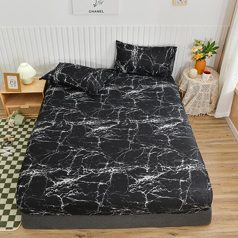 White Bed Sheet With Elastic Band Marbling Printed Single/Queen/King Size Fitted Bed Sheets For Double Beds All-Around Bed Cover