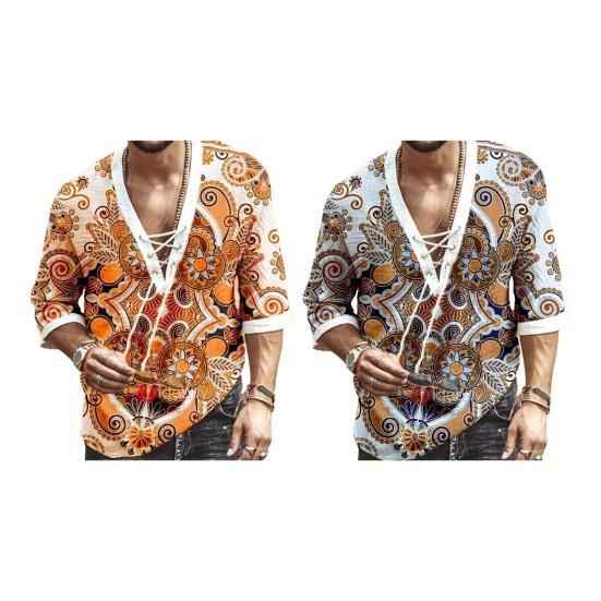 Летний мужской топ с v-образным вырезом на шнуровке, пуловер со средним рукавом и этническим принтом в стиле ретро, ​​свободная повседневная рубашка средней длины