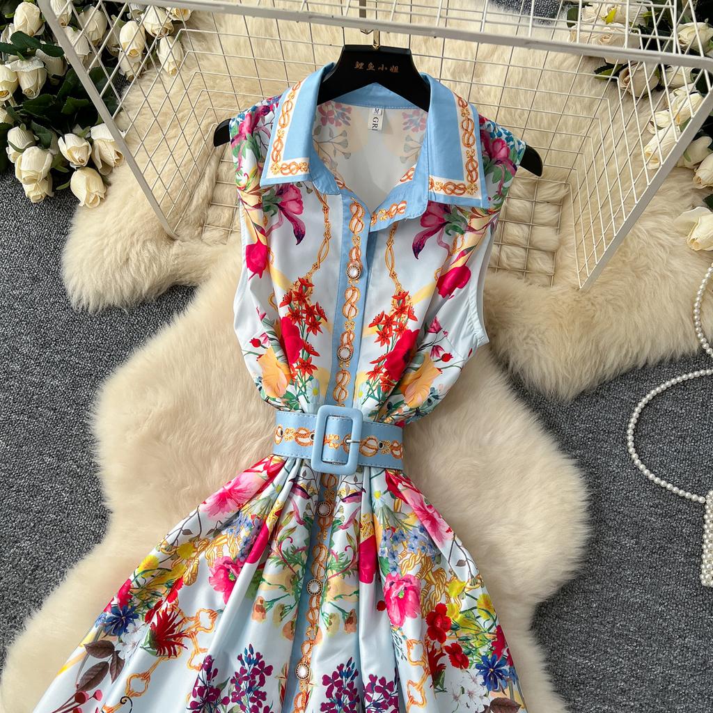 Summer Women Turn-down Collar Vintage Print Runway Dress Sleeveless Long Maxi Party Dresses with Belt