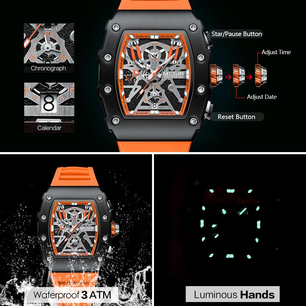 Часы-хронограф мужские повседневные водонепроницаемые светящиеся спортивные аналоговые кварцевые наручные часы с циферблатом-бочкой и силиконовым ремешком автоматическая дата