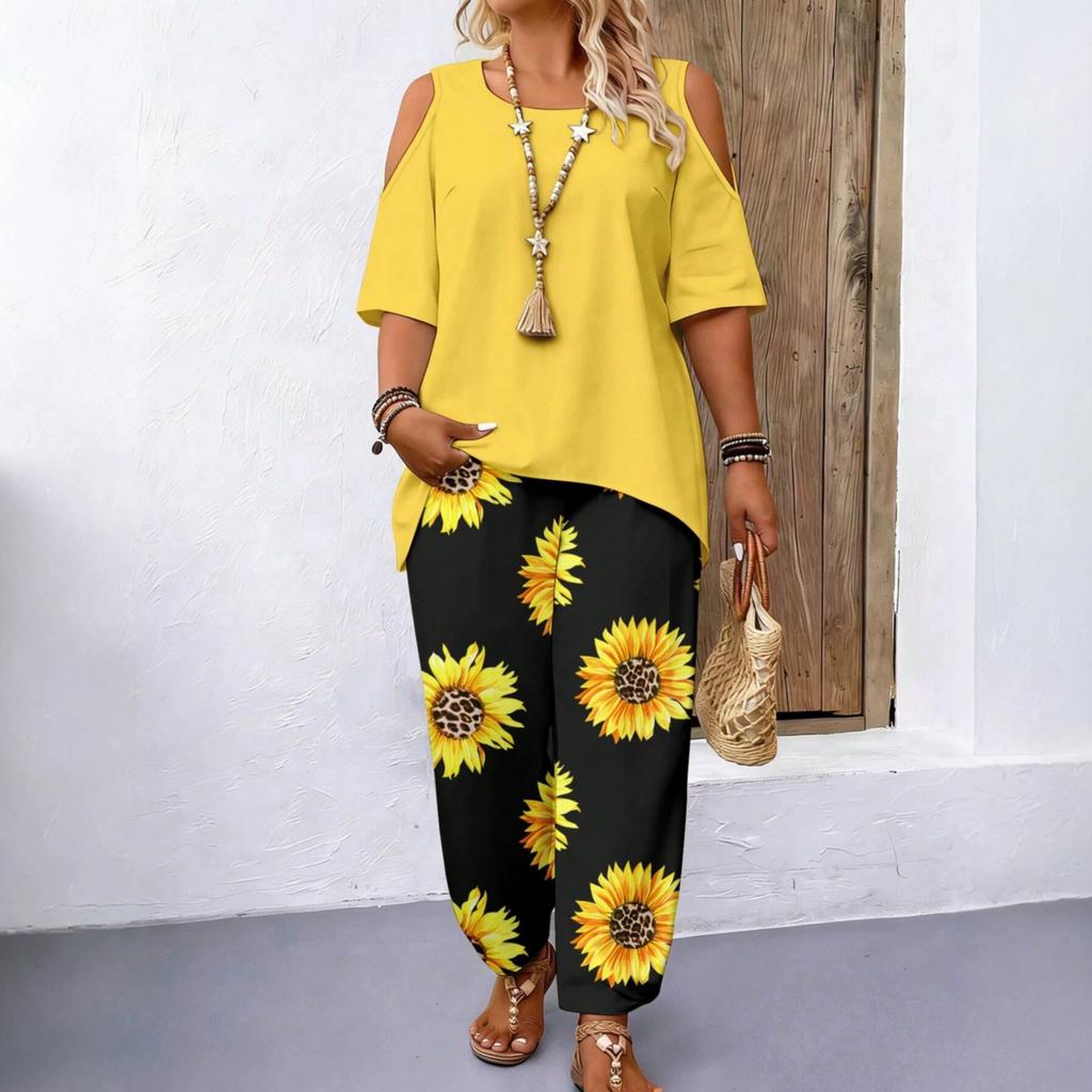 Women's 2 Piece Outfit Off Shoulder Irregular Hem Tunic Top with Loose Wide Leg Pants Summer Fashion Set