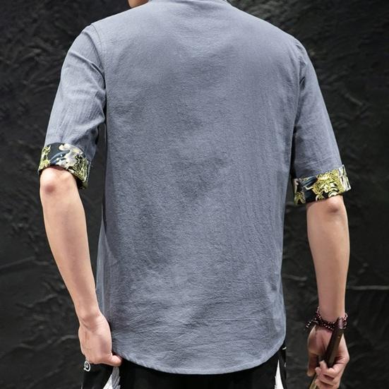 Мужская весенняя рубашка в китайском стиле с воротником-стойкой и принтом на манжетах с коротким рукавом, сплошной цвет, однобортный узел, пуговицы, неровный подол, кардиган средней длины, топ