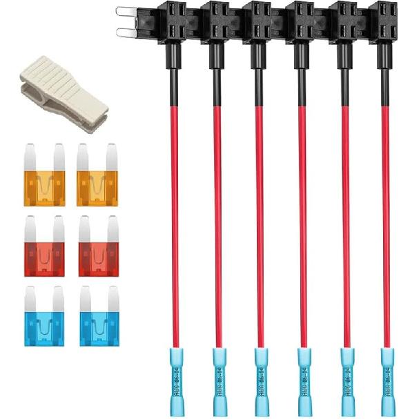 4pcs 12V-24V Add-a-Circuit Micro2 Fuse Tap, Piggy Back Blade Fuse Holder with Wire Harness, 6 pcs Micro 2 Fuse (5A 10A 15A) and Fuse Puller
