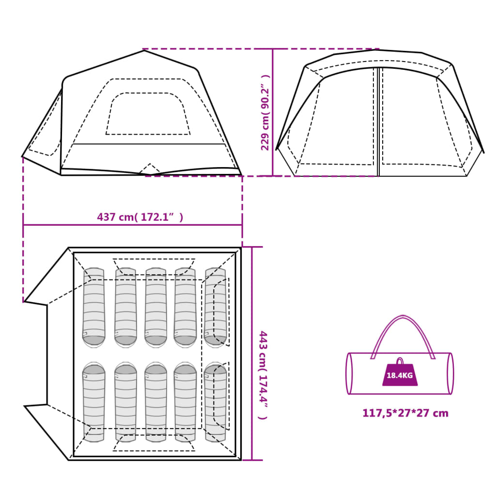 Family Tent with LED Lighting for 10 Persons Light Grey and Orange Quick Release System
