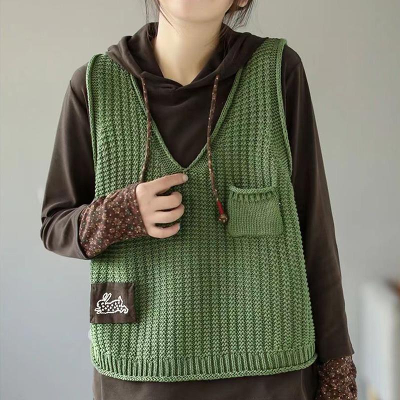 Винтажная мода V-образный вырез однотонный свитер жилет женский свободный повседневный универсальный пэчворк вязаный джемпер весенняя женская одежда