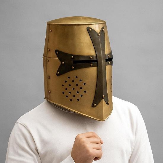 Brass Crusader Helmet , Knight Great Helmet , Templar Cosplay Helmet, Halloween Gift, Best Gift For Him