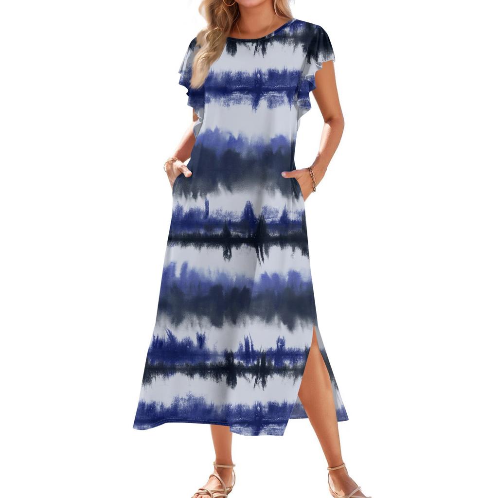 Женское модное летнее повседневное пляжное платье с плиссированными рукавами, свободными полосатыми короткими рукавами, круглыми завязками и карманами