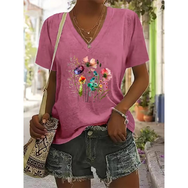 Women's T-Shirt Floral Pattern Printing Fashion Casual Oversized High-Quality Tee Shirt V-Neck Women's Clothing Summer