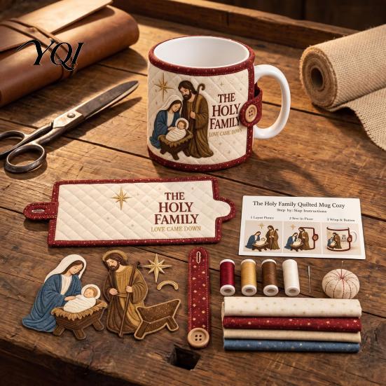 Beginner Sewing Crafts for Holidays Christmas Faith Mug Cozy Kit, DIY Quilted Religious Wrap Craft Fabric Quilting Supplies Mugs Christian Sleeve