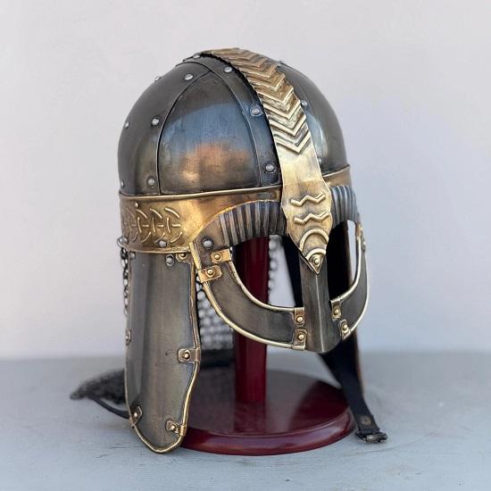 Gjermundbu Viking Helmet Anglo-Saxons Medieval Helmet With Chainmail Wooden Stand