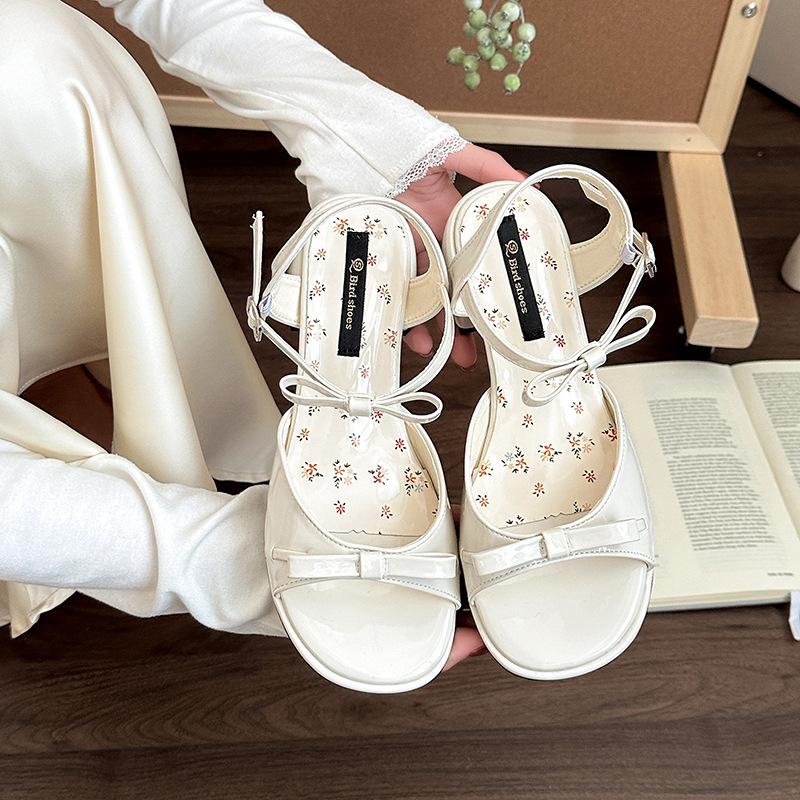 Модные босоножки на высоком каблуке в стиле феи с французским бантом и толстым каблуком, женские, летние новинки 2025 года с юбкой