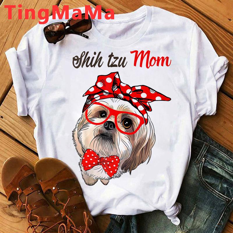 Футболка для мам, женские летние топы в стиле Харадзюку с рисунком Ши-тцу, футболки с рисунком Kawaii, модные топы унисекс