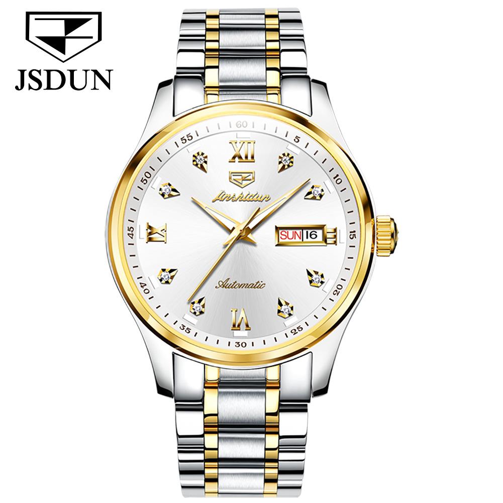 JINSHIDUN Новые деловые и развлекательные мужские часы, полностью автоматические механические часы с двойным календарем и ночной подсветкой, водонепроницаемые часы высокого класса