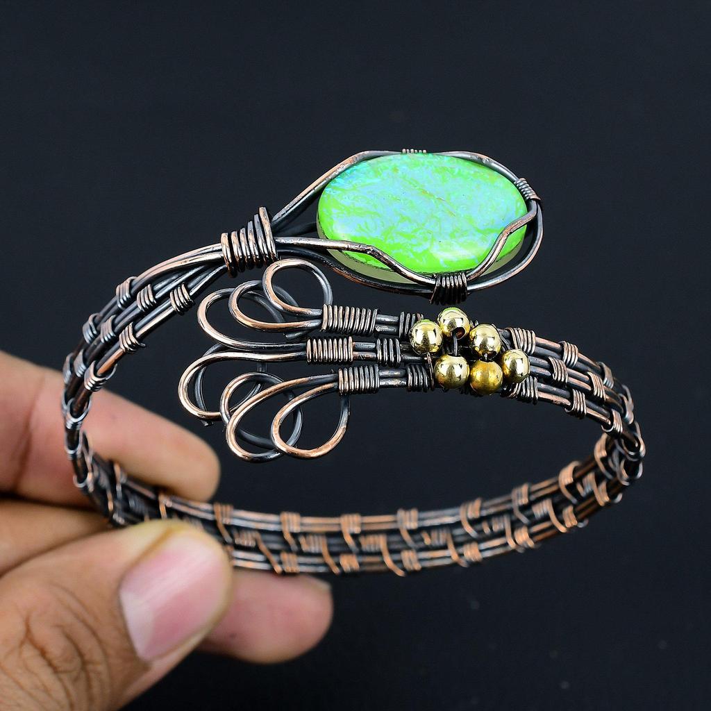 Браслет с австралийским опалом-триплетом, Браслет из драгоценного камня ручной работы, Антикварное украшение, обернутое медной проволокой 999 пробы, Для подарка на помолвку
