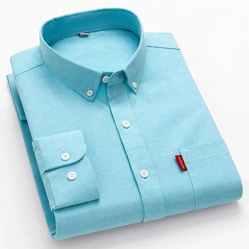 5XL 4XL Оксфорд 100% Чистый Хлопок Мужская Однотонная Рубашка с Длинным Рукавом Повседневная Формальная Большого Размера Синяя Белая Рубашка Мужская с Длинным Рукавом