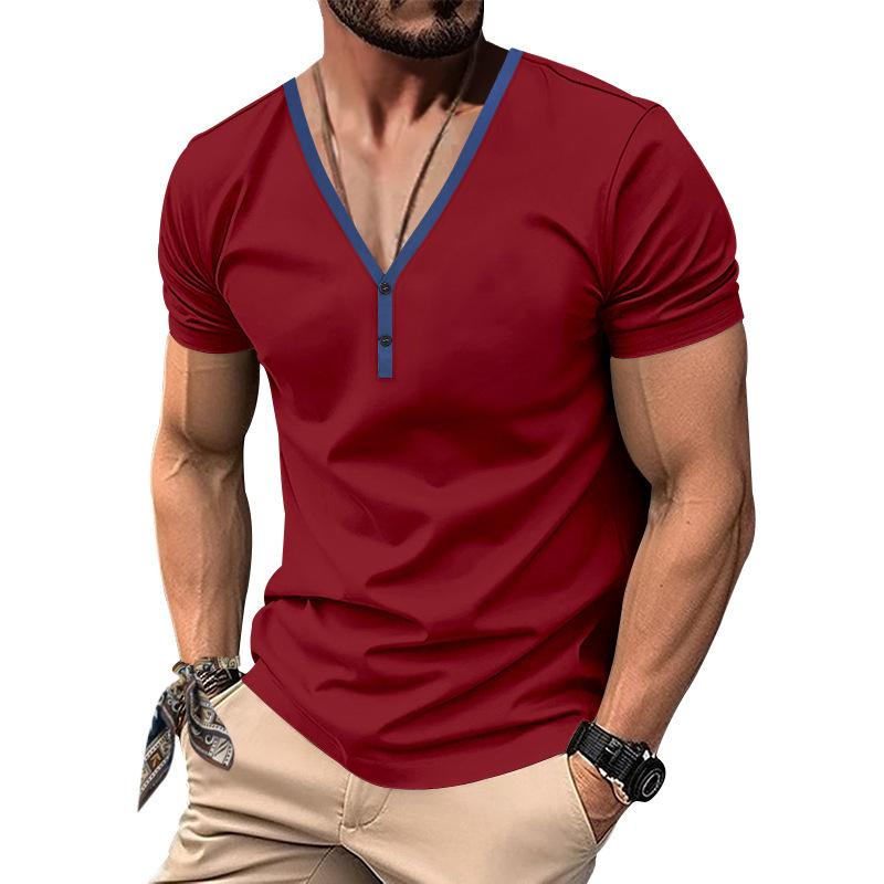 2025 Summer Men T-shirt V-neck Fashion Design Slim Fit Soild T-shirts Male Tops Tees Short Sleeve T Shirt For Men