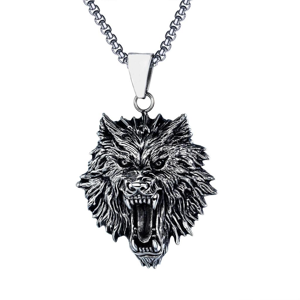 2023 Retro Punk Rock Wolf Head Pendant Necklace for Men - Titanium Steel and Alloy