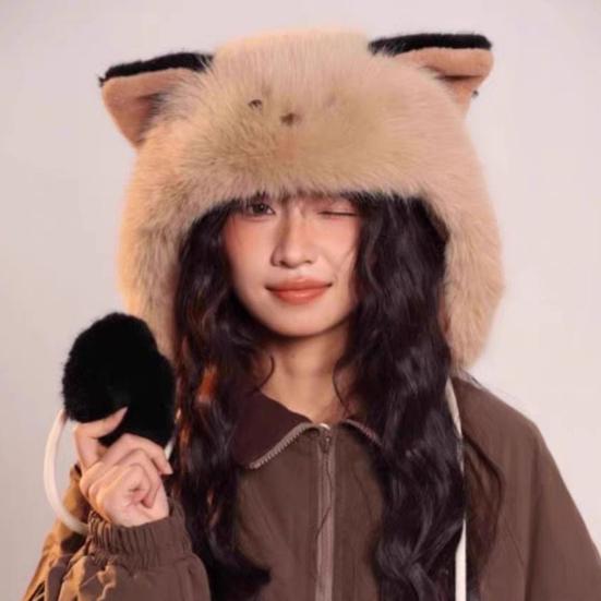 Women Hat Knitted Windproof Warm Winter Lei Feng Hat Cartoon Cat Shape Elastic Solid Color Thermal Cap