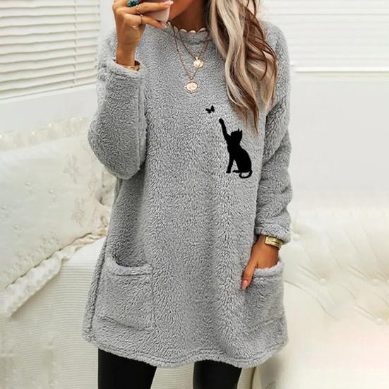 O-Neck Long Sleeves Pockets Mid-Length Winter Sweatshirt Women Loose Fit Embroidery Cat Pattern Fleece Pullover Top