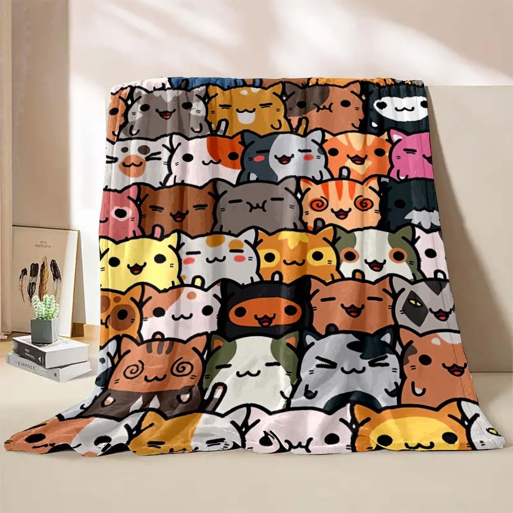 Cute cat print blanket home travel camping blanket single layer flannel shawl blanket soft cartoon fleece blanket