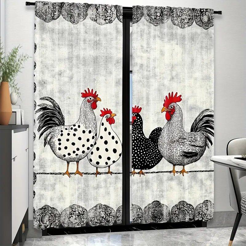 2 Pieces - Retro Polka Dot Chicken Pattern - Printed Curtains, Window Decorations, Home Decorations, Room Decorations