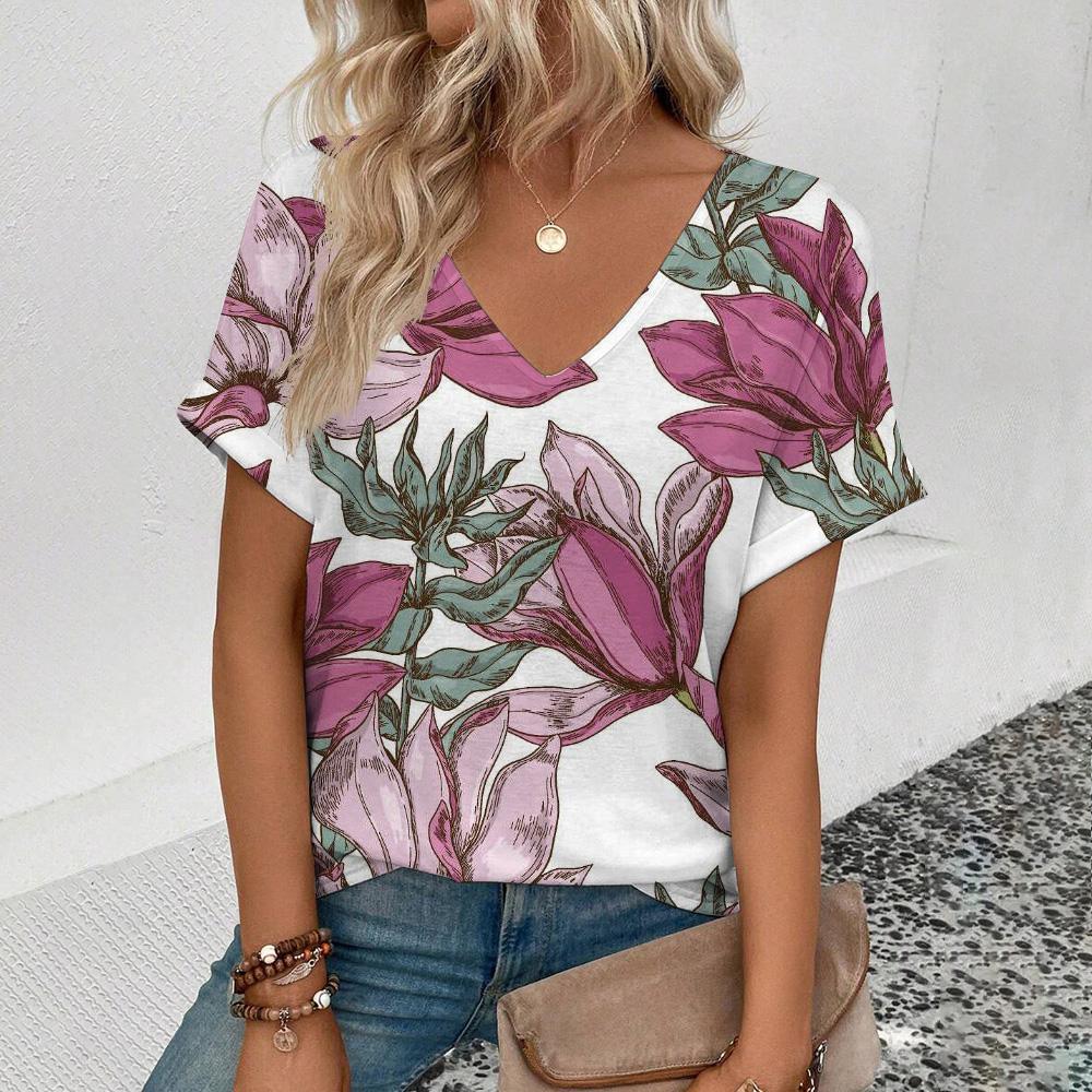 Elegant Women's V-Neck T-Shirt Fashion Floral Pattern Print T-Shirt Popular Women's Short Sleeve T-Shirt Summer Leisure T-Shirt
