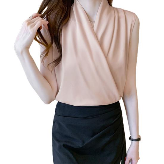 Рубашка с v-образным вырезом без рукавов, однотонный пуловер, топы, свободная атласная блузка с перекрестной оберткой