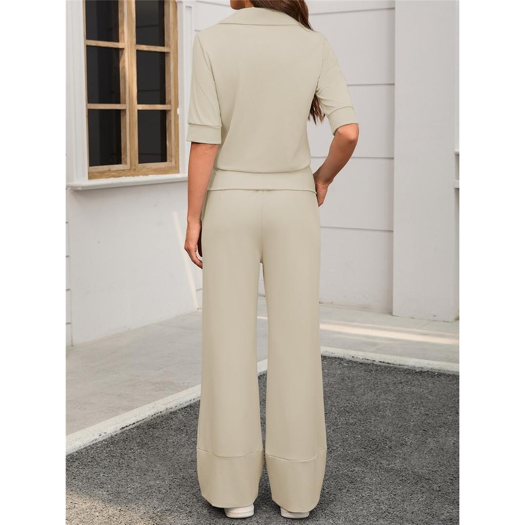  Комплект из 2 предметов. Женские повседневные брюки с короткими рукавами и лацканами, эластичные, широкие.